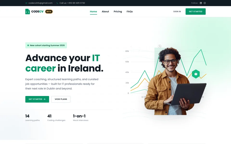 CodeCV homepage, coaching and job-placement platform for IT professionals